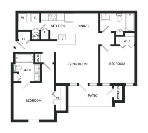 Floor plan for 2 beds, 2 baths, 1176 sqft